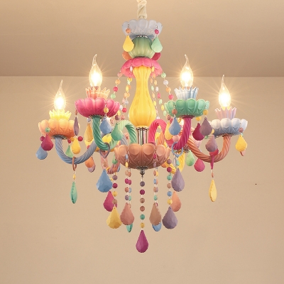 6 Lights Candle Chandelier Macaron Loft Glass Colorful Suspension Light with Crystal for Girl Bedroom