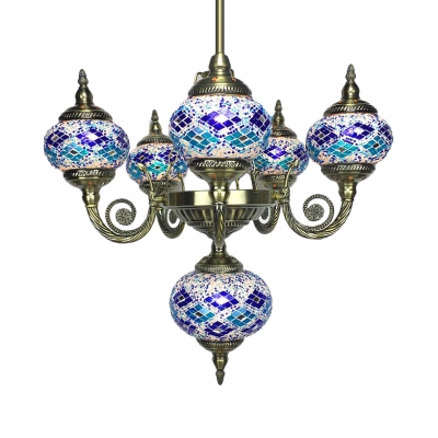 6 Lights Oval Chandelier Moroccan Antique Glass Suspension Light in Blue/Orange/Red for Villa