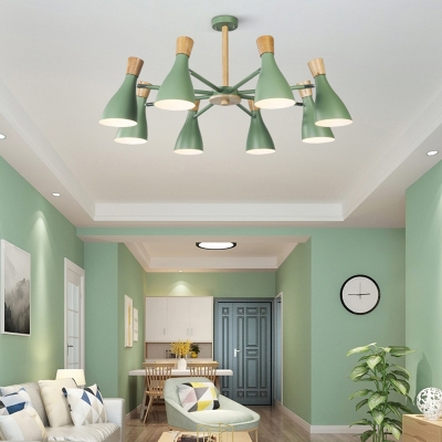 8 Lights Horn Chandelier European Style Metal Light Fixture in Green for Living Room