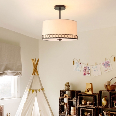 American Rustic Drum Ceiling Lamp Fabric 5 Lights White Semi Flush Mount Light for Living Room