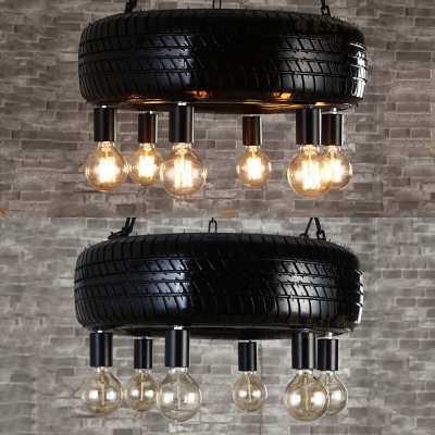 Antique Bare Bulb Suspension Light with Motor Tyre 6 Lights Rubber Chandelier for Shop