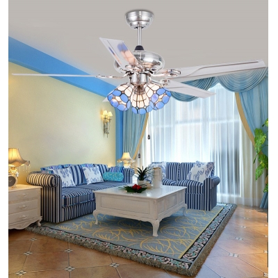 Antique Grid Bowl Ceiling Fan with Blade & Pull Chain Stainless Steel Semi Flushmount Light for Hotel