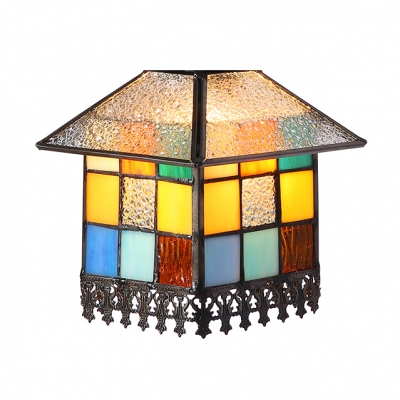 Balcony House Shade Chandelier with Bird & Cage Stained Glass 1 Head Rustic Pendant Light