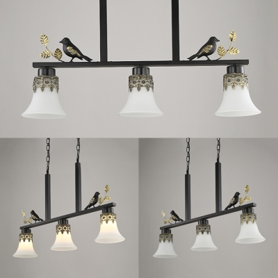 Bell Shade Kitchen Island Pendant Frosted Glass 3 Lights Traditional Island Fixture with Bird Decoration in Black