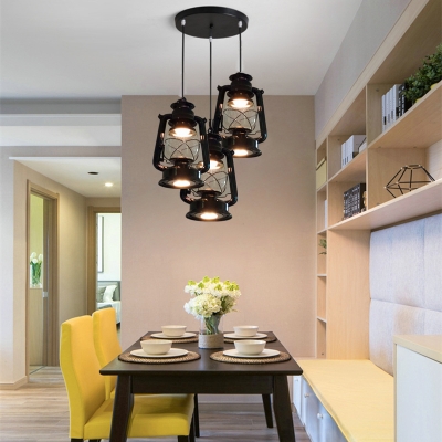 Black Kerosene Lamp Pendant Lighting 3 Lights Industrial Metal Hanging Light for Restaurant