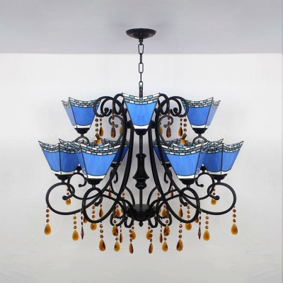 Blue/Sky Blue/Yellow Craftsman Chandelier Vintage Style Glass Hanging Lighting with Crystal