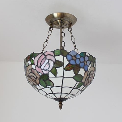 Bowl Shade Ceiling Light with Rose Tiffany Style Rustic Stained Glass Hanging Lamp for Hallway