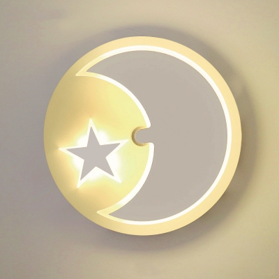 Child Bedroom Round Sconce Light with Moon Star Acrylic Creative Black/White LED Wall Light in Warm