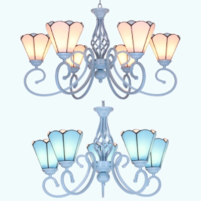 Cone Dining Room Chandelier Light Glass 5 Lights Traditional Pendant Lamp in Blue/White