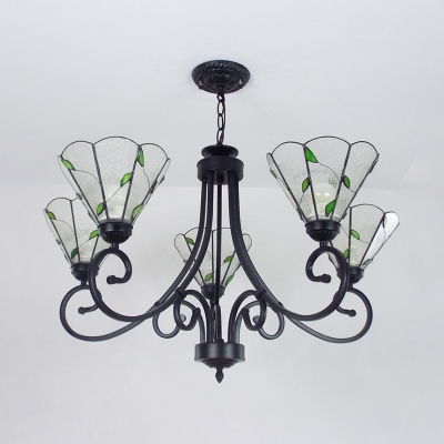 Cone Shade Pendant Lamp with Leaf 5 Lights Traditional Clear Glass Chandelier for Hotel Bedroom