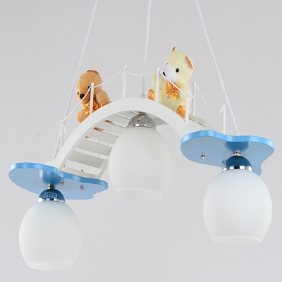 Cute Bridge Bear Pendant Lamp 3 Lights Wood Glass Hanging Lamp in White for Boy Girl Bedroom