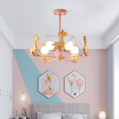 Cute Cartoon Giraffe Chandelier Wood 5 Lights Green/Pink Pendant Lamp for Boy Girl Bedroom
