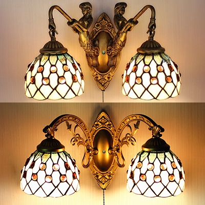 Dome Living Room Sconce Light Glass 2 Lights Tiffany Style Engraved Wall Lamp with Pull Chain
