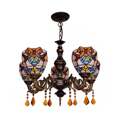 Dome Shade Bedroom Chandelier Stained Glass 5 Lights Tiffany Style Pendant Light with Crystal