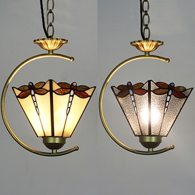 Dragonfly Pattern Hanging Light 1 Light Tiffany Antique Beige/Clear Glass Pendant Light for Stair