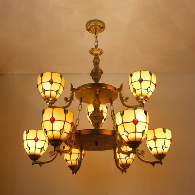Elegant Style Dome Chandelier Clear/Yellow Glass 9 Lights Engraved Ceiling Light for Villa Hotel