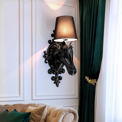 Fabric Tapered Shade Wall Light Bedroom 1 Light Rustic Style Sconce Lamp in Black/White