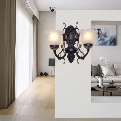 Flower Bedroom Hallway Wall Light Frosted Glass 1/2 Lights Vintage Style Sconce Lamp in Black/White