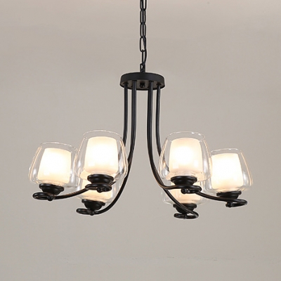 Glass Cup Shade Suspension Light 3/6/8 Lights American Rustic Hanging Light in Black for Study Room