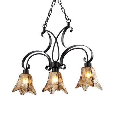 Glass Downing Lighting Linear Chandelier 3 Lights American Rustic Island Fixture in Black for Bar