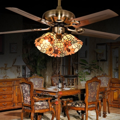 Glass Floral Semi Ceiling Mount Light 3 Heads Rustic Pull Chain/Remote Control/Wall Control Ceiling Fan for Bedroom