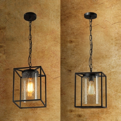 Glass Rectangle Ceiling Light with Cylinder Shade 1 Light American Rustic Hanging Light in Black for Bar