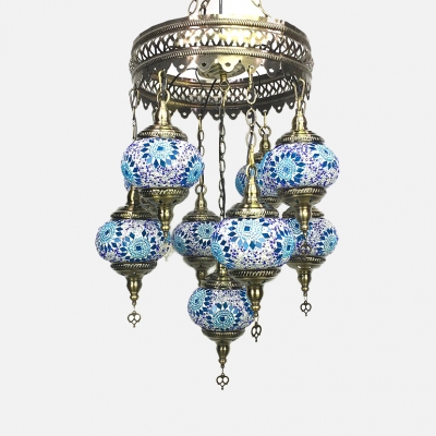 Glass Star Pattern Chandelier 9 Lights Moroccan Mosaic Pendant Lamp in Blue/Green/Light Blue for Bar