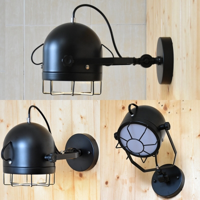 Hallway Foyer Bowl Wall Light Metal 1 Head Industrial Black Rotatable Sconce Light with Wire Frame