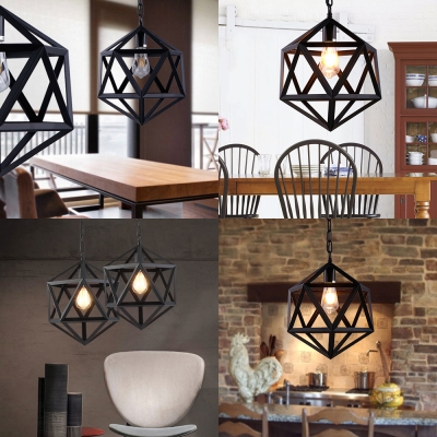 1 Head Cage Pendant Lamp Industrial Metal Height Adjustable Hanging Light in Black for Restaurant