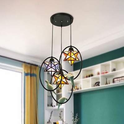 House Star Balcony Pendant Light Stained Glass 3 Lights Antique