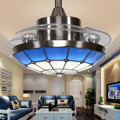 Living Room Bowl LED Ceiling with Invisible Blade Stained Glass 36 Inch Tiffany Style Blue Semi Flush Ceiling Light