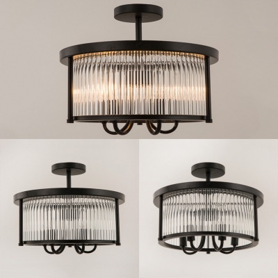 Living Room Candle Semi Flush Light with Drum Shade 4 Lights American Rustic Black Ceiling Lamp