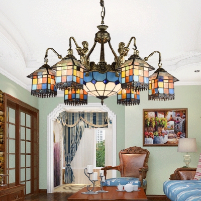 Living Room House Chandelier Stained Glass 9 Lights Tiffany Style Antique Pendant Lamp with Mermaid