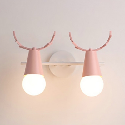 Lovely Deer Horn Sconce Light Metal 2 Lights Macaron Blue/Pink/Green Wall Lamp for Boy Girl Bedroom