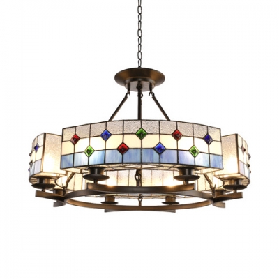 Mediterranean Style Blue Pendant Light Round 6/8 Lights Stained Glass Chandelier for Hotel