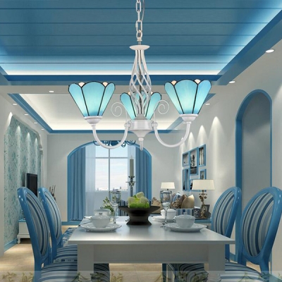 Mediterranean Style Cone Chandelier Glass 3 Lights Blue Pendant Lighting for Bedroom Study Room