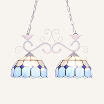 Mediterranean Style Dome Chandelier 2 Lights Glass Pendant Light in Blue for Bedroom Hallway