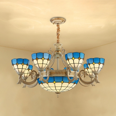 Mediterranean Style Dome Shade Chandelier Art Glass Blue Suspension Light for Living Room