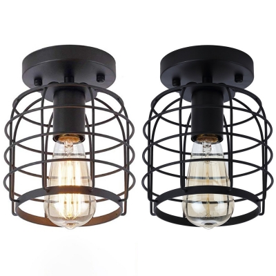 Metal Birdcage Flush Mount Light Hallway Bathroom 1 Light Industrial Ceiling Lamp in Black