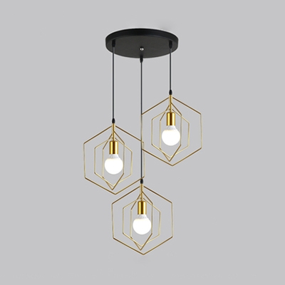 Metal Hexagon Hanging Light 3 Lights Industrial Linear/Round Canopy Ceiling Lamp in Gold for Restaurant