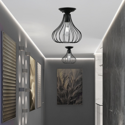 Metal Wire Frame Flush Mount Light Restaurant 1 Light Antique Stylish Ceiling Lamp in Black