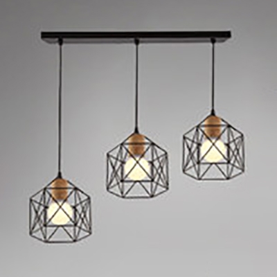 Metal Wire Frame Hanging Light Kitchen 3 Lights Antique Linear/Round Ceiling Lamp in Black