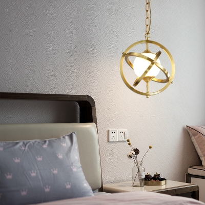 Modern Style Globe Ceiling Light with Rings 1 Light Frosted Glass Metal Pendant Light for Bedroom