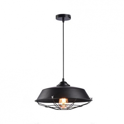 One Head Barn Hanging Lamp with Wire Frame Retro Loft Metal Pendant Light in Black for Kitchen