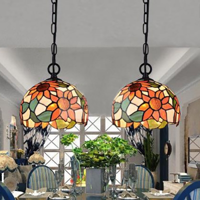 Orange Sunflower Pendant Light 2/3/5 Lights Tiffany Rustic Stained Glass Hanging Light for Balcony
