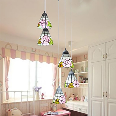 Pink Rose Ceiling Light with Grid Bell 5 Lights Creative Stained Glass Pendant Light for Girl Bedroom