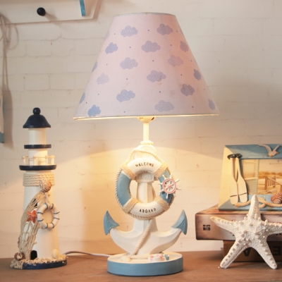 Resin Anchor Lifebuoy Nightlight Child Bedroom Mediterranean Style LED Desk Lamp in Light Blue