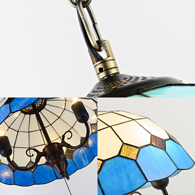 Restaurant Dome Pendant Light Glass 3 Lights Mediterranean Style Hanging Light with Pull Chain