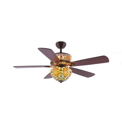 Restaurant Sunflower Semi Ceiling Mount Light Stained Glass Rustic Remote Control Ceiling Fan