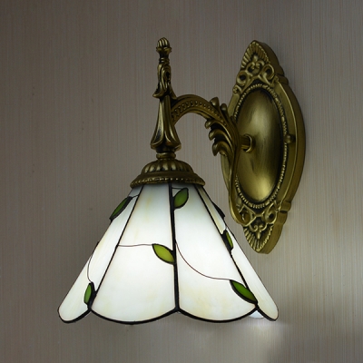 Rustic Style Cone Wall Light 1 Light Glass Sconce Light with Leaf Decoration for Bedroom